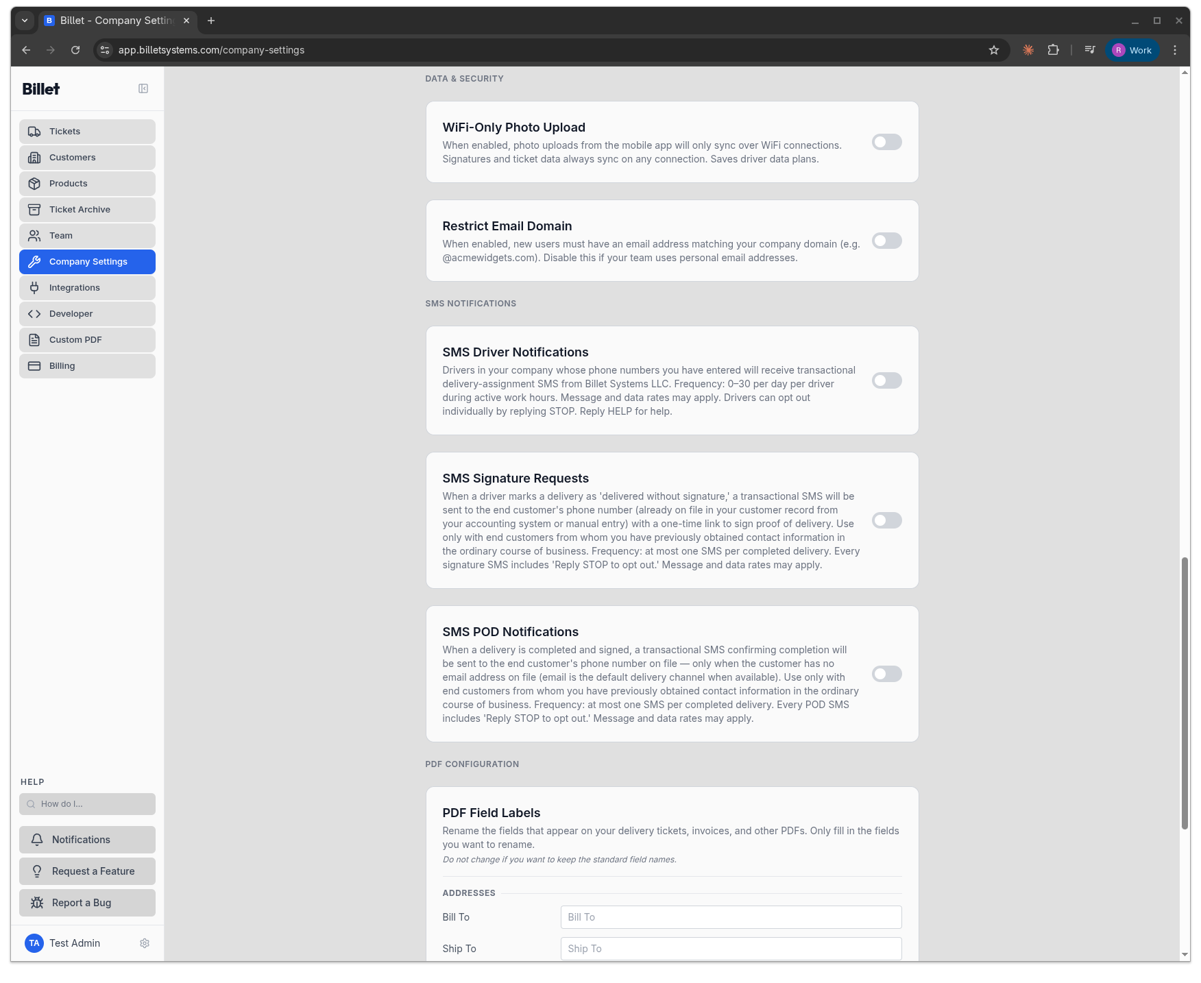Company Settings page showing the SMS POD Notifications toggle in the off state with the email-fallback disclosure.