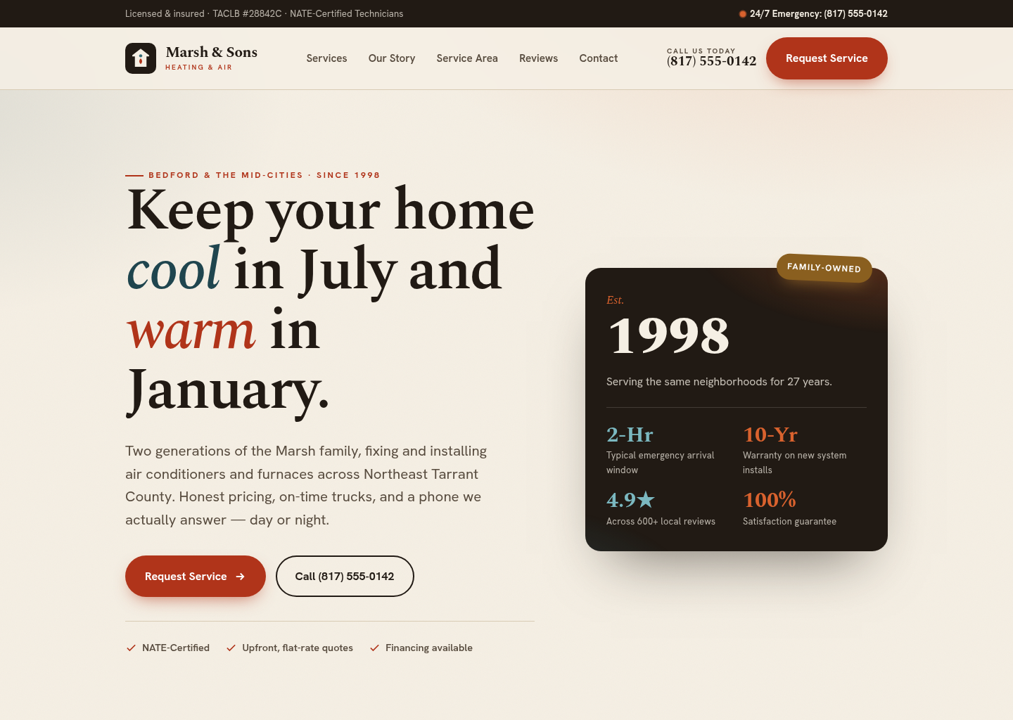 Sample website Billet built for a heating and air-conditioning company, warm, trustworthy design with a clear call to action.